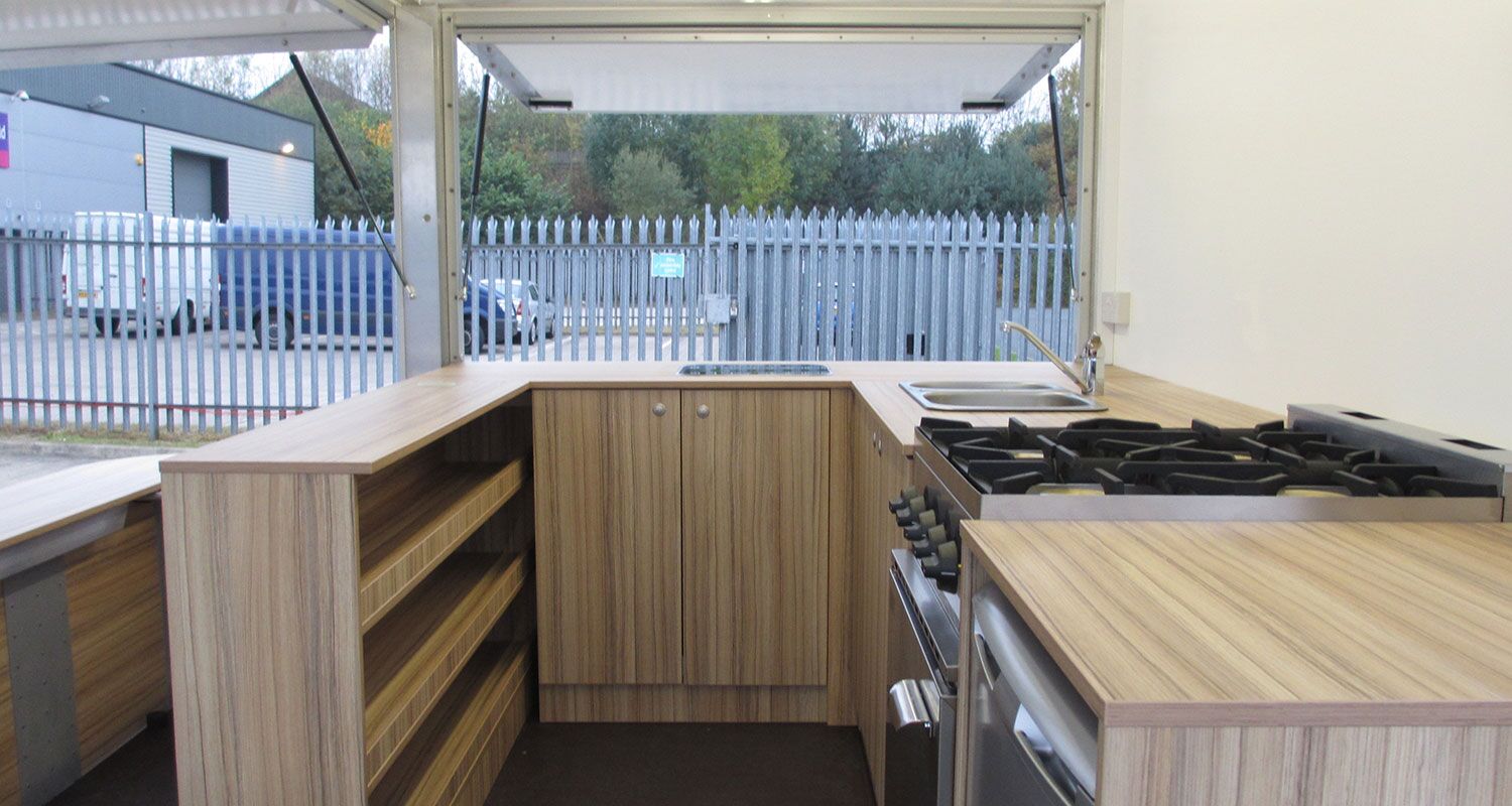 inside a small product sampling trailer